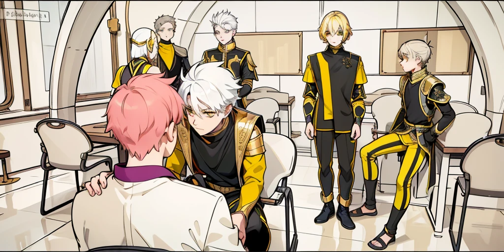 There is a boy sitting with his back turned and several young people in front of him talk to him kindly., They have white hair and yellow eyes, black tunics, black golden armor with yellow golden jewelry., they have yellow eyes