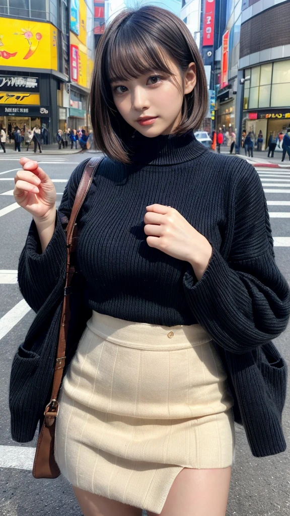 masterpiece, best quality, illustration, Super detailed, fine details, High resolution, 8K,wall paper, perfect dynamic composition,(Details High quality, realistic depiction of eyes:1.3), short hair, Gorgeous and stylish black fluffy latest trend Tokyo winter clothes, wool sweater, A-line skirt, short bob hair, black hair color, Big Natural Color Lip, sexy pose, crying a little、Harajuku style、20 year old girl、cute type、ta, hposing Gravure Idol, full body photo、focus on crotch, huge breasts