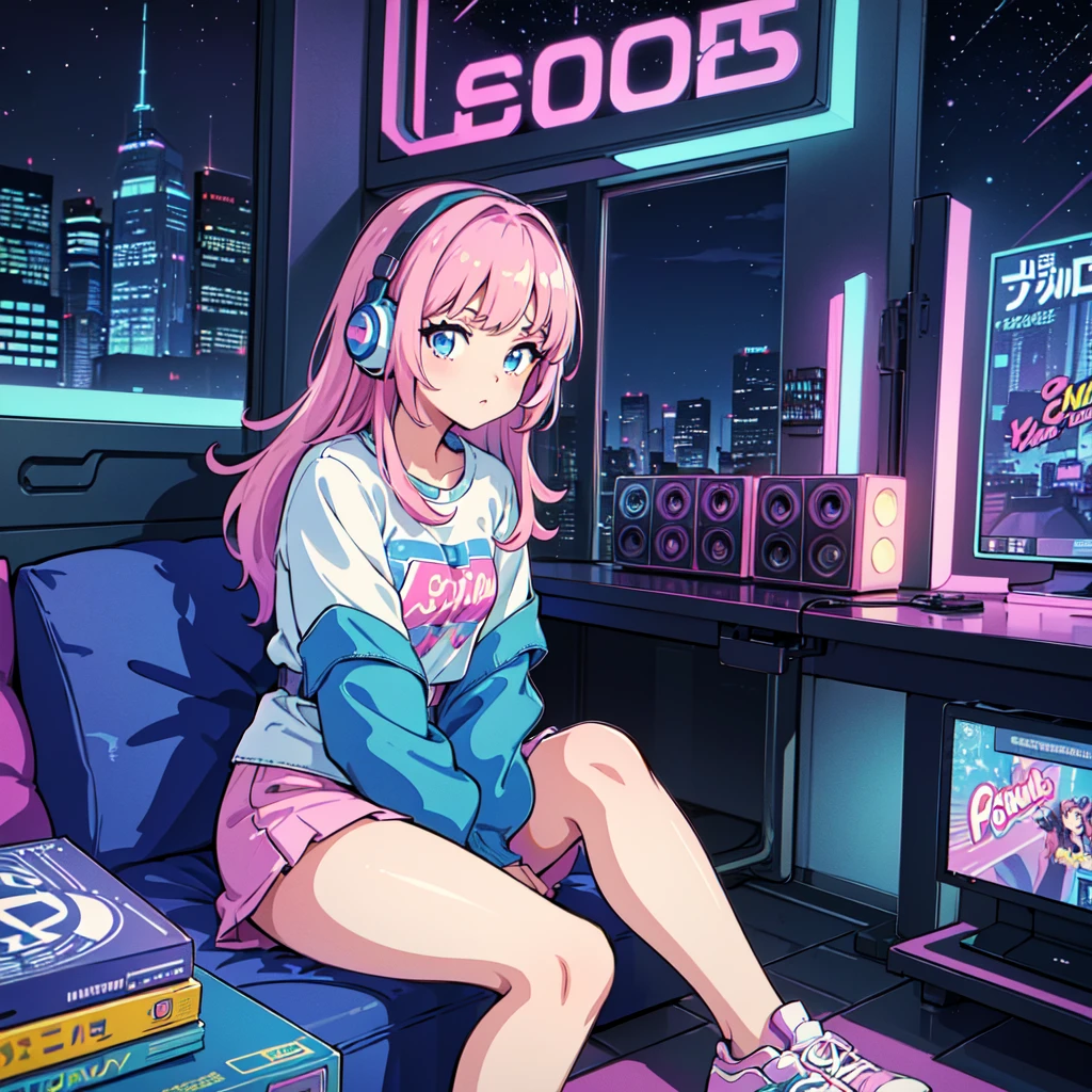 (masterpiece), Highest quality, Expressive eyes, Neon pastel aesthetics, Retro 90s, Neon color,((Girl sitting on sofa,In a cozy room,Records hanging on her wall, Comic books on the floor, Looking out the window behind her at the night city, Upholstered room, Anime figures lined up on a shelf)), Wearing headphones, (All around her it sparkles), (Wearing high socks and heels), (blue eyes), (Soft look), (Synthwave Art Style), Colorful Hair, Desk with PC set up