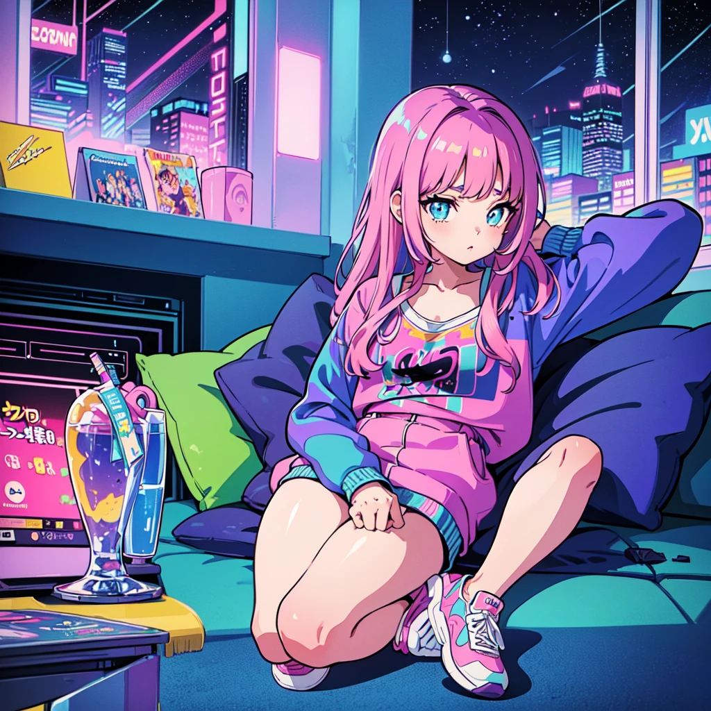 (masterpiece), Highest quality, Expressive eyes, Neon pastel aesthetics, Retro 90s, Neon color,((Girl sitting on sofa,In a cozy room,Records hanging on her wall, Comic books on the floor, Looking out the window behind her at the night city, Upholstered room, Anime figures lined up on a shelf)), Wearing headphones, (All around her it sparkles), (wearing thick colorful sneakers), (blue eyes), (Soft look), (Synthwave Art Style), Colorful Hair, Desk with PC set up