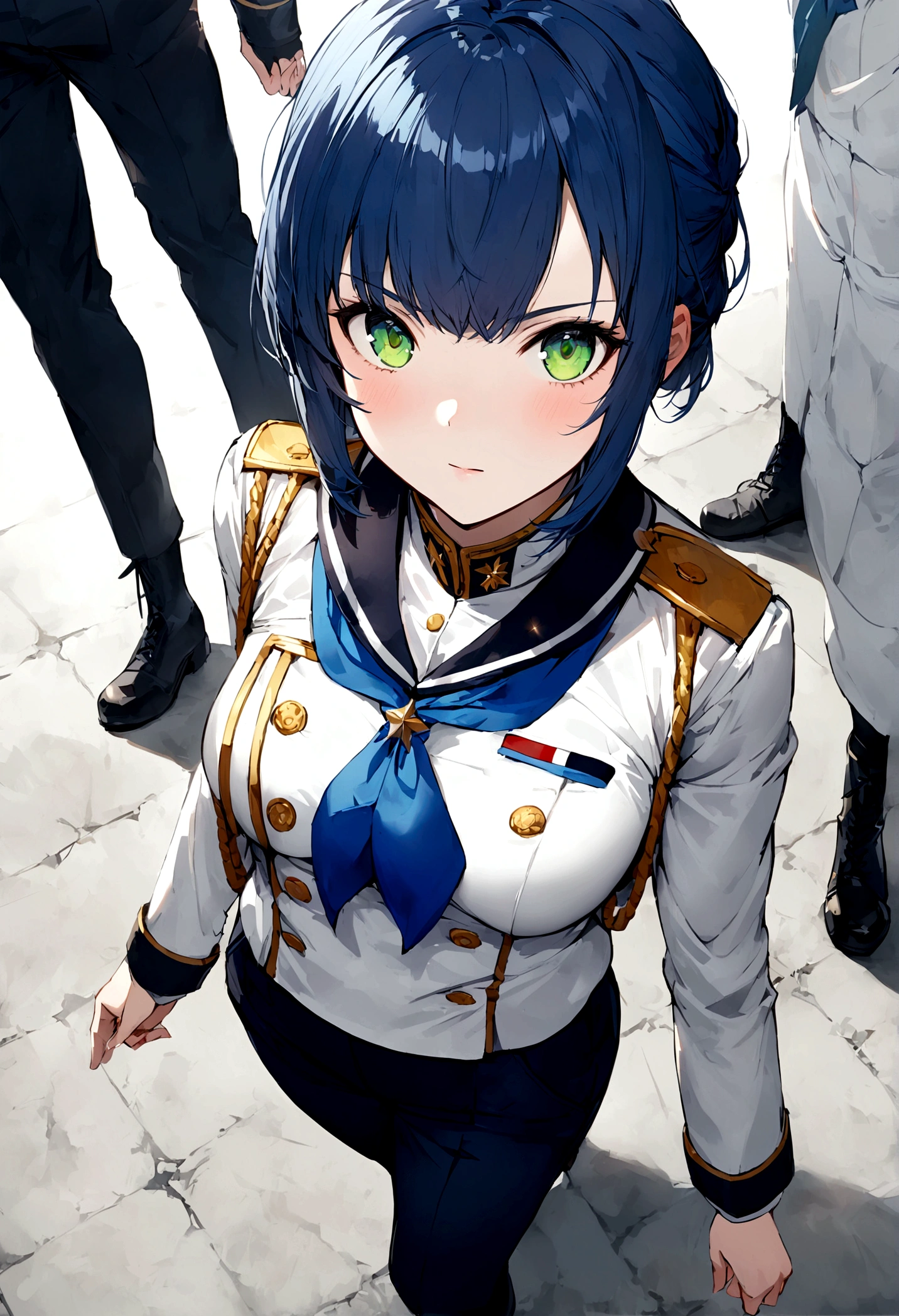 girl, short blue hair, medium breast, white military uniform, low rank, athletic, frekles, confident,white short-sleeved shirt,dark blue trousers, black boots, and a blue neckerchief., bright green eyes
