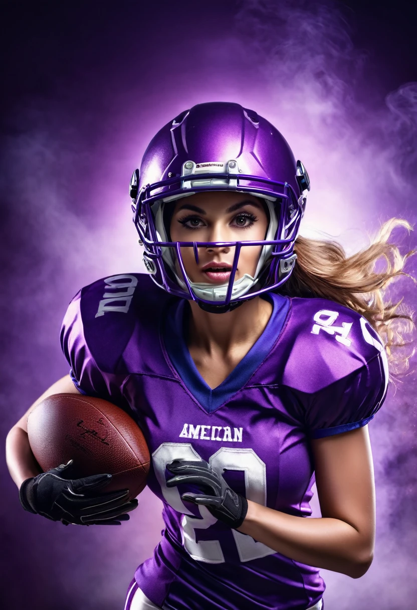 American football player woman, with purple uniform and helmet, holding the American football ball, angelic beauty, running, photographic realism, cinema lighting.