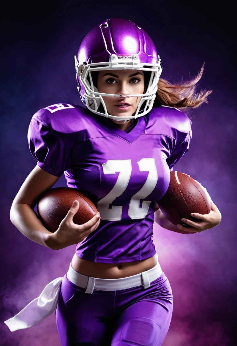 American football player woman, with purple uniform and helmet, holding the American football ball, angelic beauty, running, photographic realism, cinema lighting.