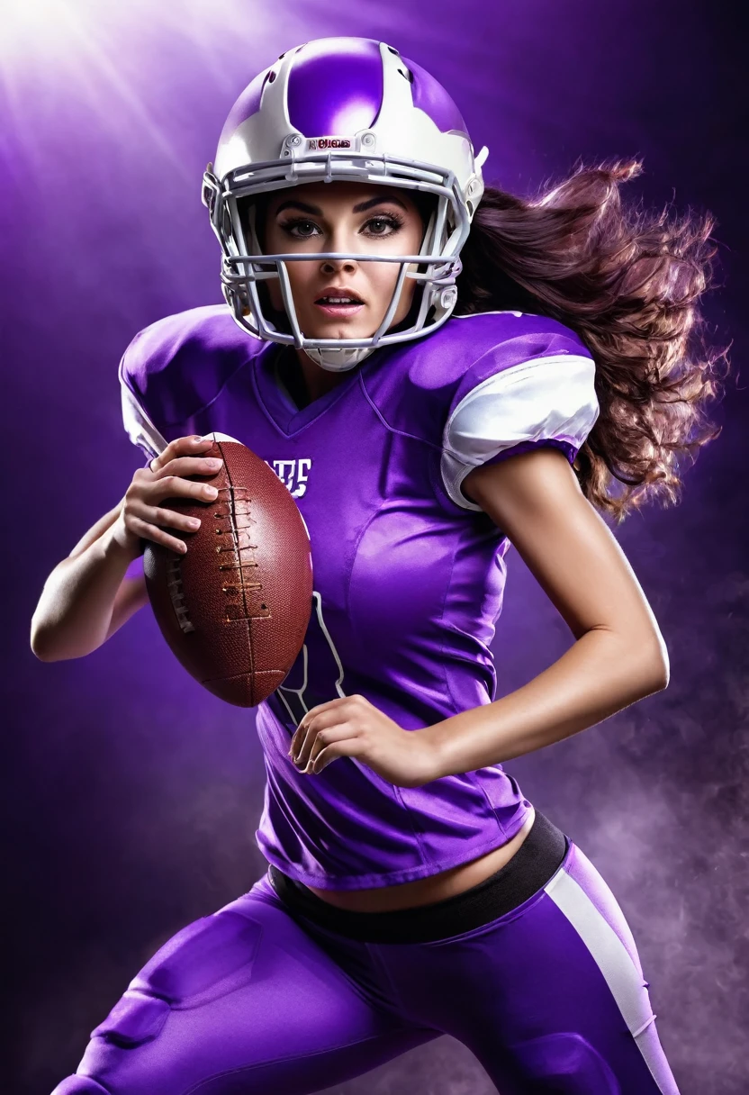 American football player woman, with purple uniform and helmet, holding the American football ball, angelic beauty, running, photographic realism, cinema lighting.