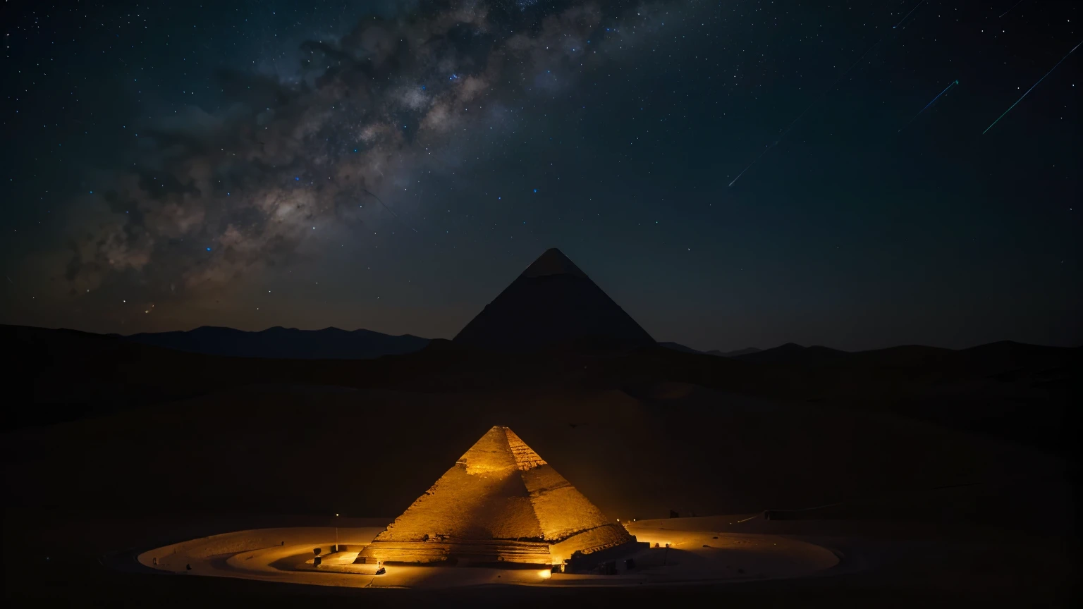 a pyramid in the desert, great pyramid, many stars in the sky, natta, high qualiy, 8K, lot of details, with stars in the sky,