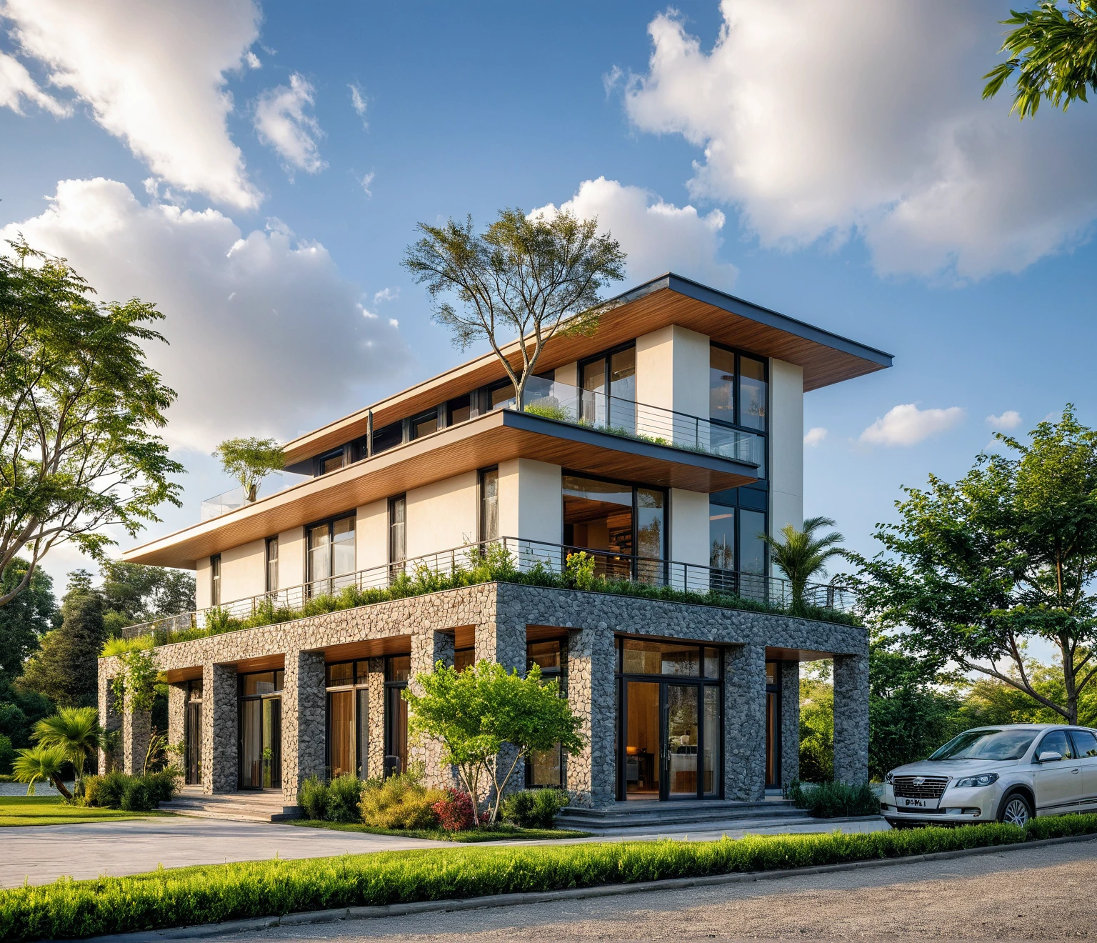 Masterpiece, high quality, best quality, authentic, super detail, outdoors, threestoreyvillaXL, aiaigroup, house style modern on the street, white wall, road, pavement, grass, trees, sky, cloud, (daylight:1.1),