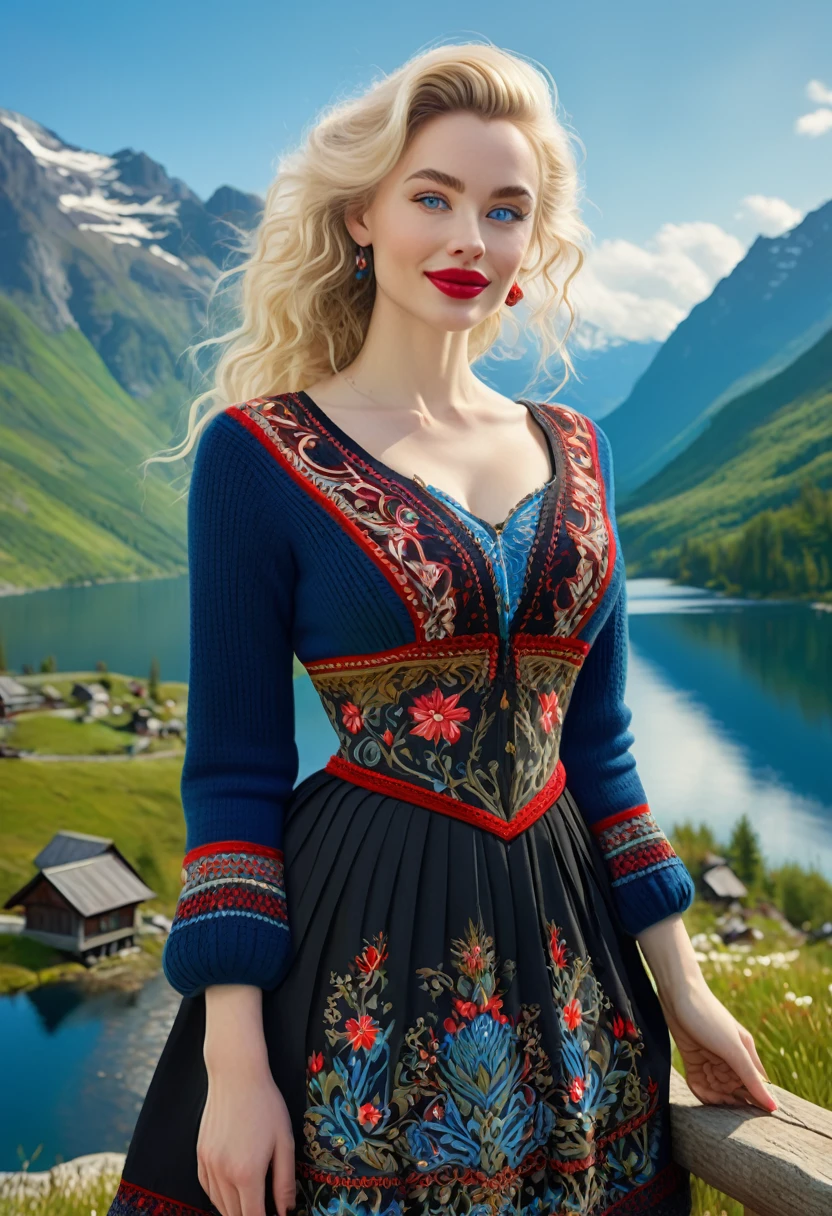 Blonde Woman, Messy Hair, Pale Skin, Red Lips, Overlooking Mountain Valley, Alpine Lake. Dress Wth Woodcut Patterns, Black Knee-Length Pleated Skirt Wth Blue Embroidery, Norwegian V Neck Sweater With Rosemaled Designs. Midriff Wide Smile, Eyes Detailed & Wide,Dynamic Pose. Digital Painting, 4K Ultra HD, Rococo-Inspired Fantasy Art With Intricate Details. Cute, Charming Expression, Alluring-Gaze, Beautiful Blue Eyes, An-Ideal-Hourglass-Figure. Nina Debrov. Large Youthful Well-Shaped Bosom, Large-Hiney. Large-Round-Bosom. Décolletage. Full Length Side Profile. Anna Popplewell