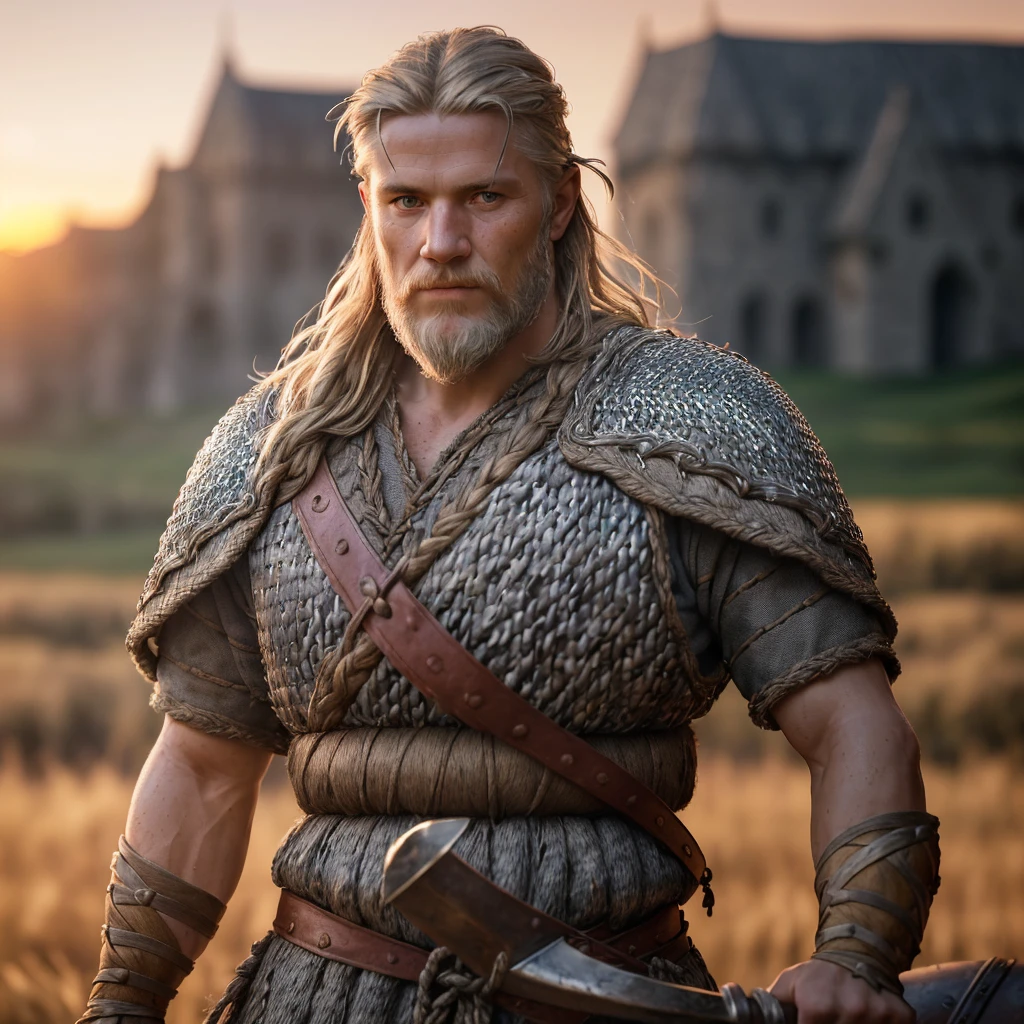 (masterpiece), (extremely intricate:1.3), (realistic), portrait of a viking man, (medieval clouthing), upper body, outdoors, intense sunlight, far away castle, professional photograph, viking warrior, detailed, sharp focus, dramatic, award winning, cinematic lighting, octane render unreal engine, volumetrics dtx, (film grain, blurry background, blurry foreground, bokeh, depth of field, sunset, motion blur:1.3), chainmail