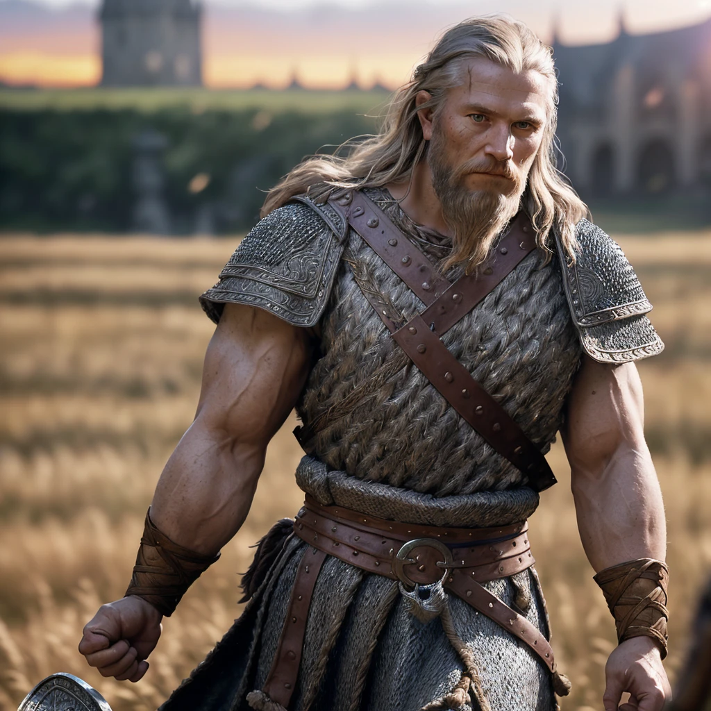 (masterpiece), (extremely intricate:1.3), (realistic), portrait of a viking man, (medieval clouthing), upper body, outdoors, intense sunlight, far away castle, professional photograph, viking warrior, detailed, sharp focus, dramatic, award winning, cinematic lighting, octane render unreal engine, volumetrics dtx, (film grain, blurry background, blurry foreground, bokeh, depth of field, sunset, motion blur:1.3), chainmail
