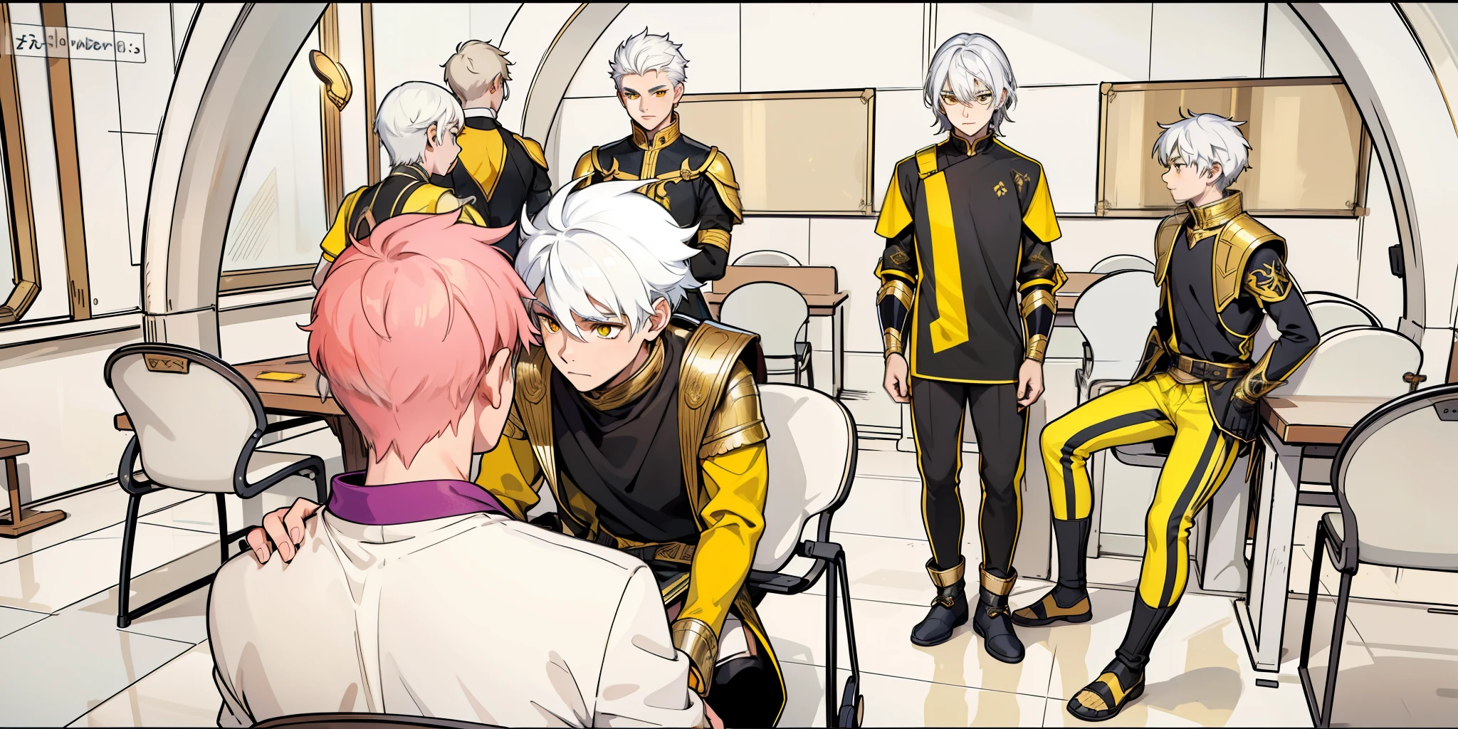 There is a boy sitting with his back turned and several young people in front of him talk to him kindly., They have white hair and yellow eyes, black tunics, black golden armor with yellow golden jewelry., they have yellow eyes