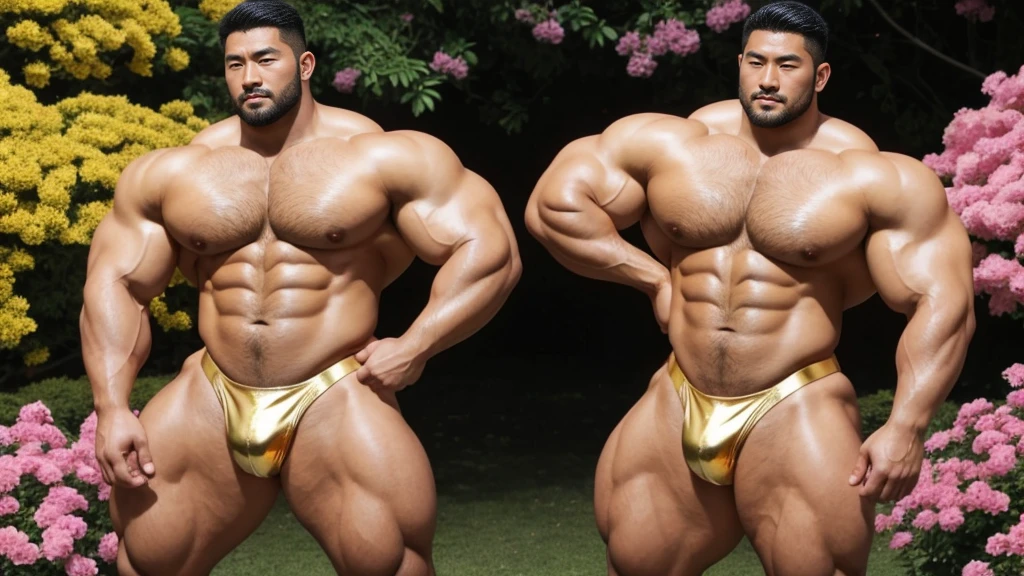 There is only one handsome Asian actor in the picture，30 years old，Tall and handsome, Toned body，short hair, O-Shaped Beard，Perfect body, Dark skin，Glowing skin，Smooth skin，The body is hairless，Muscle bulge, Muscular, Very large pectoral muscles，Very sexy abdominal muscles，Very well-developed leg muscles，Huge concave and convex area，Brightens oily skin，Wearing a gold leather shiny thong，Handsome face， Correct and accurate male body proportions, Stand among the flowers。
