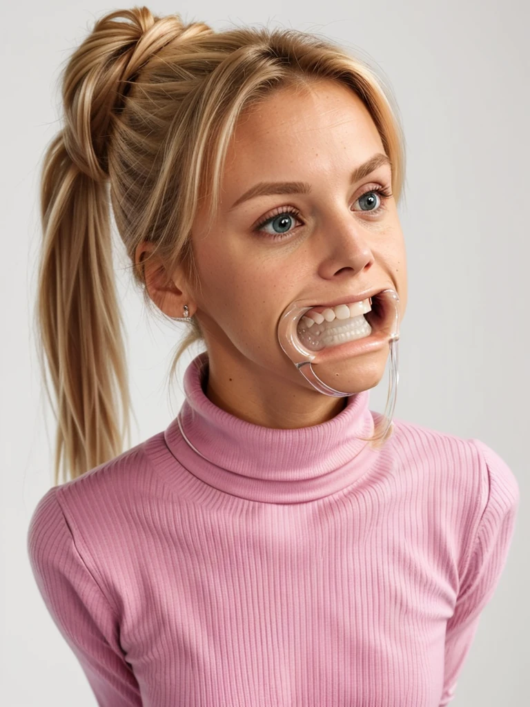photo of a skinny blonde submissive wife messy long hair thrown into a messy bun ponytail. She wears: (turtleneck high ribbed pink tight sweater:1.1), submissive seductive pose, high tight ribbed neck, mouth retractor gag,