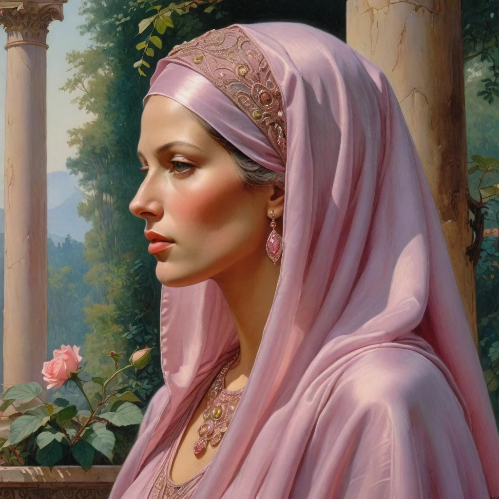 Masterpiece, (realistic), (propaganda poster), ((Moebius Jean Giraud)), (((profile portrait of a veiled and Roman woman, diadem, young, priestess, sensual, imposing, dignified, proud, arrogant, wearing silk pink and mauve robes with detailed moth, rose elements))), ((Corinthian columns, jungle background, moths))