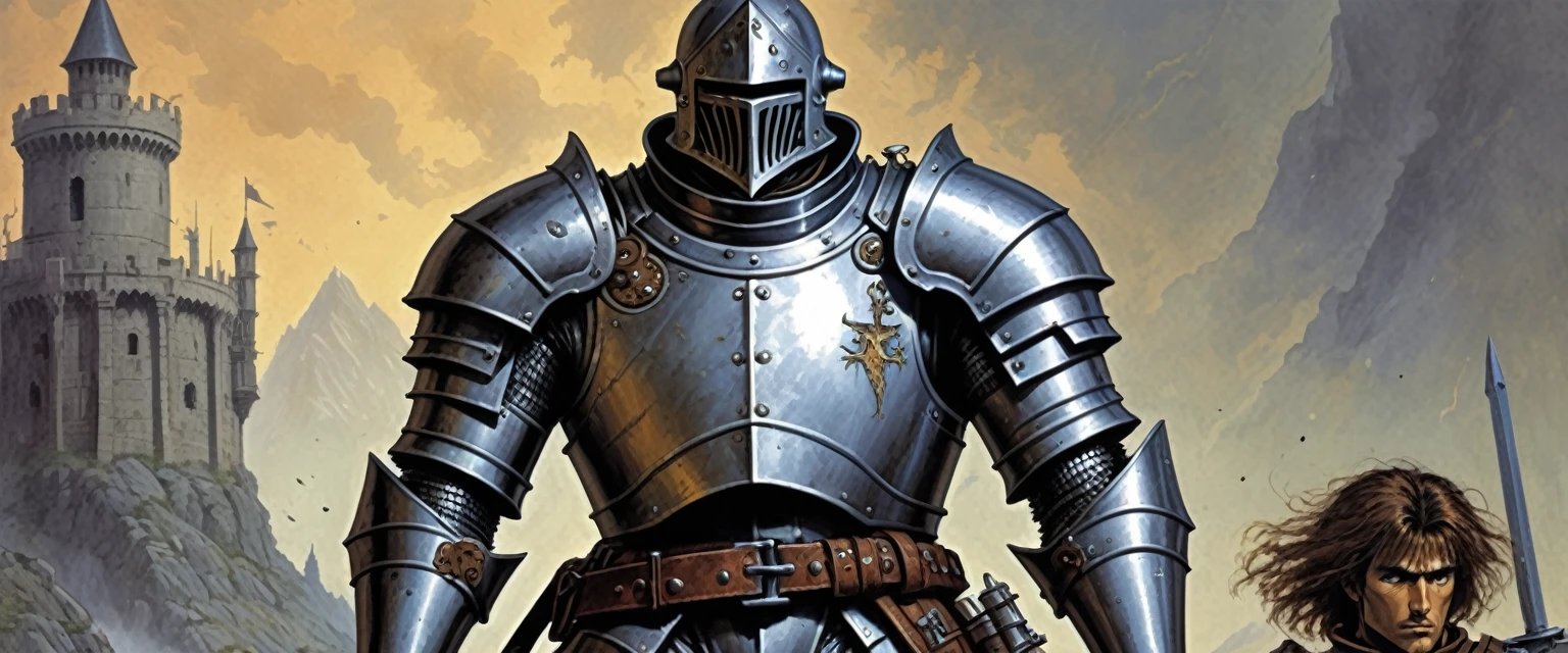 John Blanche Style - begets the Knight, inspired by the Romans , Metal Alchemist Full Mechanic Suit, a full body image of a legendary hero, Intense battlefield, on the cover of an illustrated 80s fantasy RPG