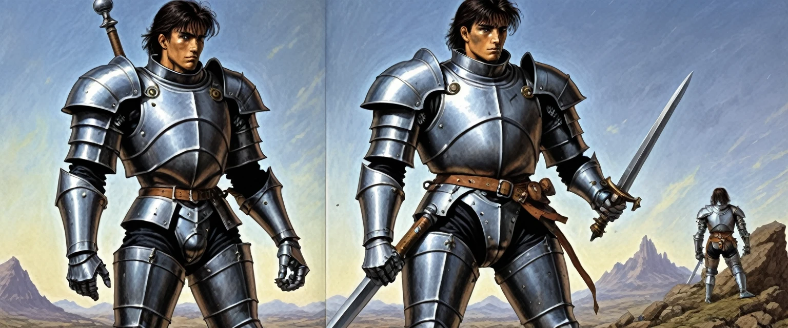 John Blanche Style - begets the Knight, inspired by the Romans , Metal Alchemist Full Mechanic Suit, a full body image of a legendary hero, Intense battlefield, on the cover of an illustrated 80s fantasy RPG