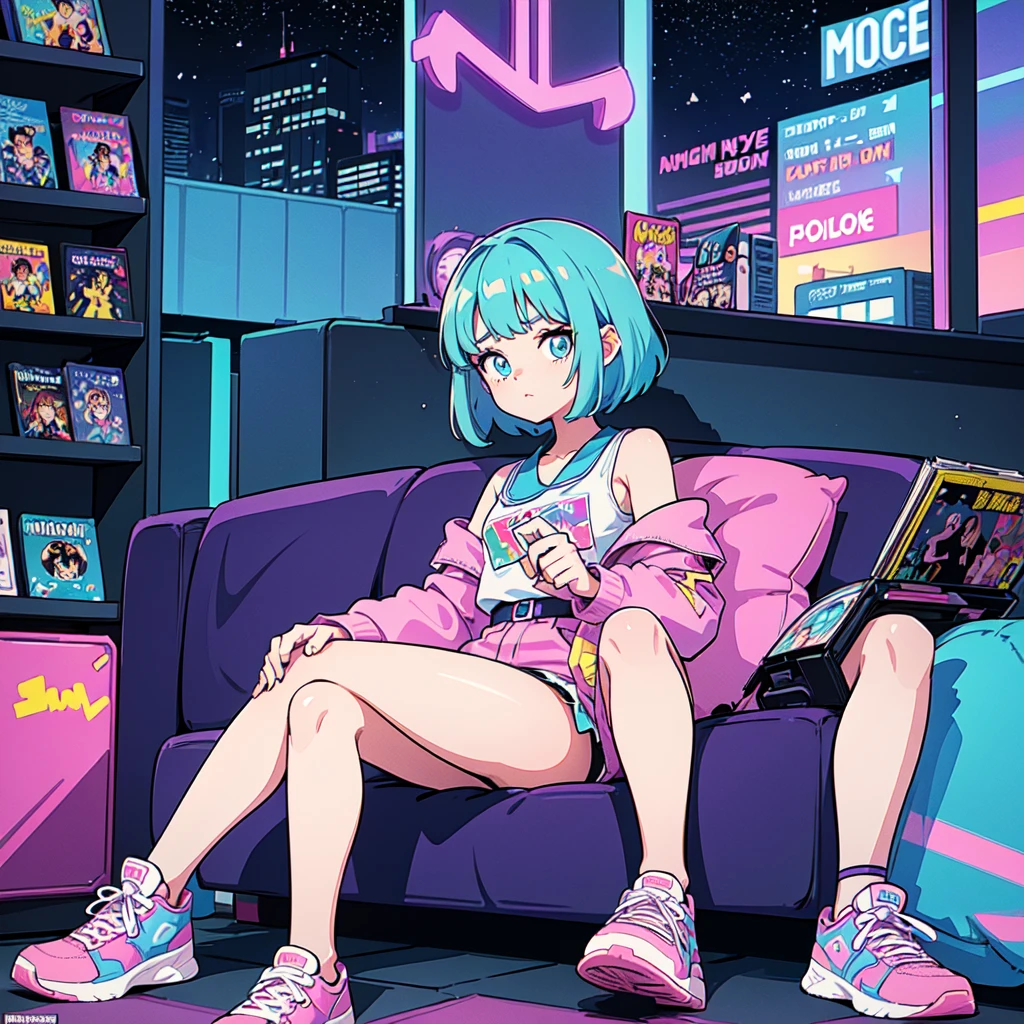 (masterpiece), Highest quality, Expressive eyes, Neon pastel aesthetics, Retro 90s, Neon color,((Girl sitting on sofa,In a cozy room,Records hanging on her wall, Comic books on the floor, Looking out the window behind her at the night city, Upholstered room, Anime figures lined up on a shelf)), Wearing headphones, (All around her it sparkles), (wearing thick colorful sneakers), (blue eyes), (Soft look), (Synthwave Art Style), Colorful Hair, Desk with PC set up