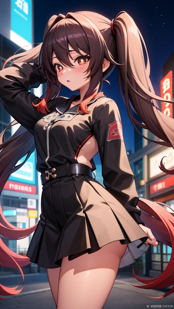 masterpiece, best quality, HuTaoV4, 1girl, solo, blush, twintails, long hair, hair between eyes, ((streetwear clothes)), city, outdoors, night, movie poster, extremely detailed 8K, smooth, high resolution, ultra quality, cinematic lighting, ambient occlusion, hd, 2k, 4k, 8k, 16k, extremely detailed anime, detailed faces, perfect composition, wide shot, atmospheric lighting, very sexy, short skirt, random low back angle, uncensored, nsfw, sin censura