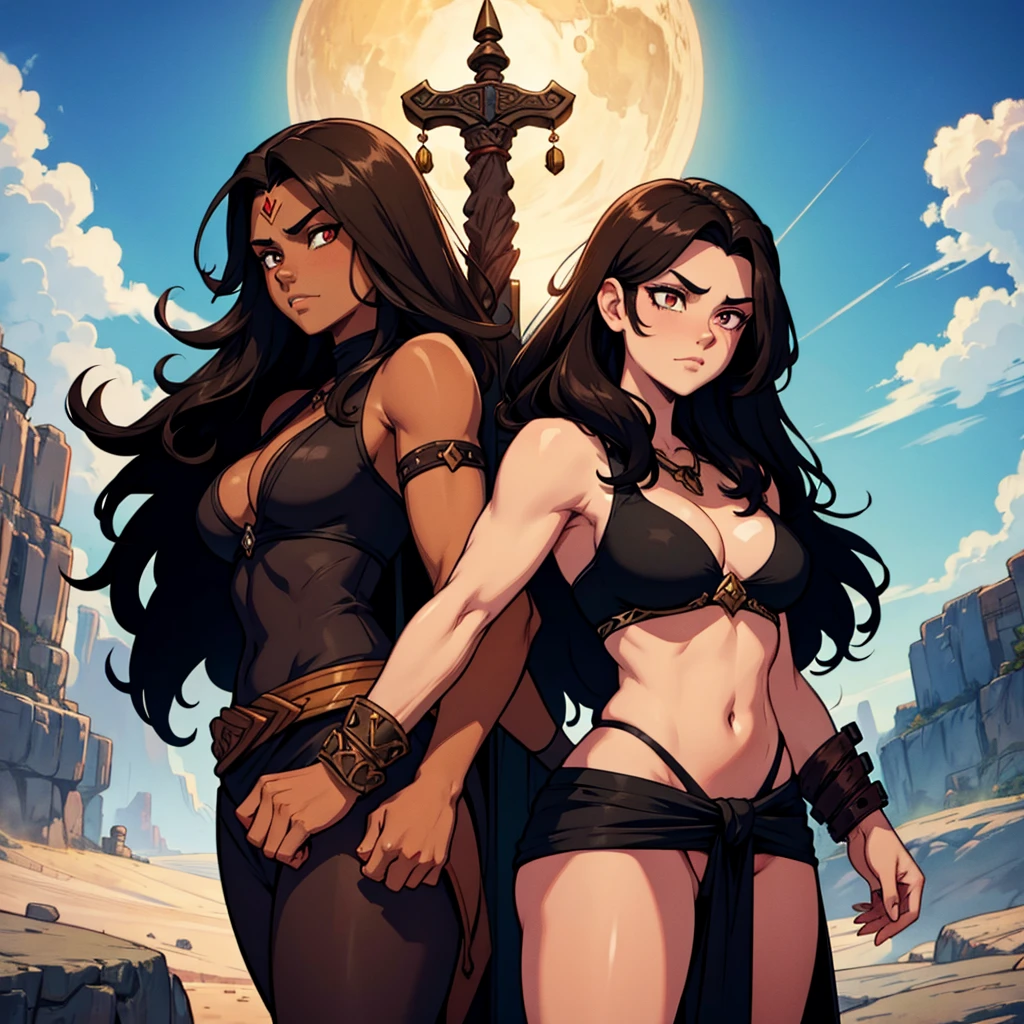 Barbarian with dark brown long hair, without armor and in the skin of a beast, with a bear amulet, two-handed sword, eye color - brown, dark skin, angular features symmetrical facial features