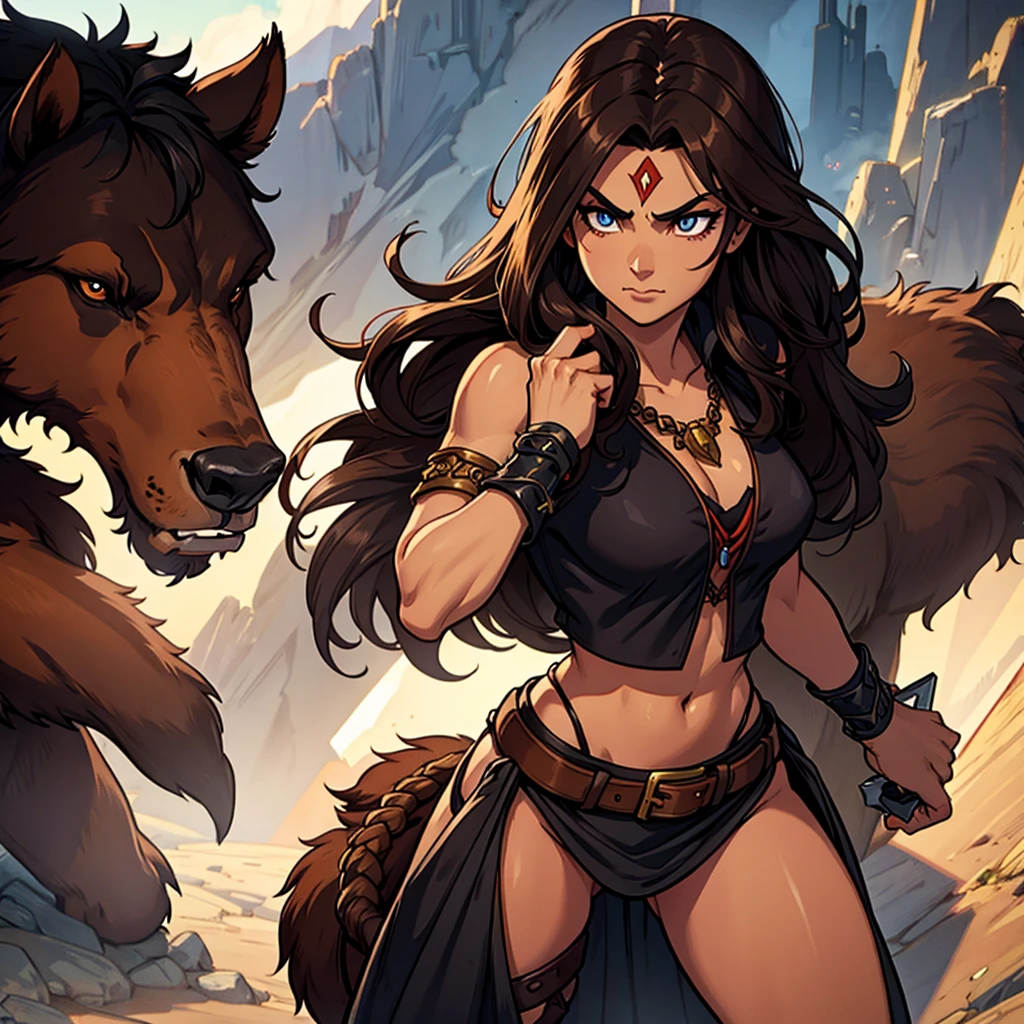 Barbarian with dark brown long hair, without armor and in the skin of a beast, with a bear amulet, two-handed sword, eye color - brown, dark skin, angular features symmetrical facial features