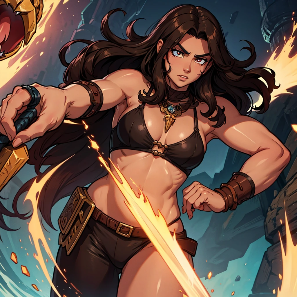 Barbarian with dark brown long hair, without armor and in the skin of a beast, with a bear amulet, two-handed sword, eye color - brown, dark skin, angular features symmetrical facial features