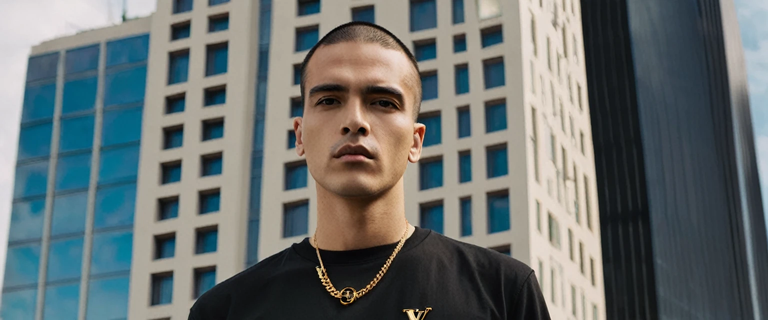 a man standing in front of a tall building, he is wearing a black tshirt, Portrait in medium plane, wearing a black tshirt, wearing a black tshirt, official vuitton editorial, survive streetwear collection, wearing black tee, official versace editorial