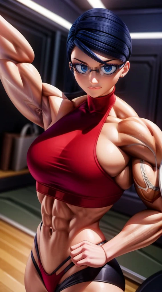 a very muscular female bodybuilder, extremely detailed, athletic body, red sports bra and panties, dynamic pose, artistic lighting, dramatic shadows, cinematic composition, photorealistic, high contrast, vivid colors, 8k, hyper detailed