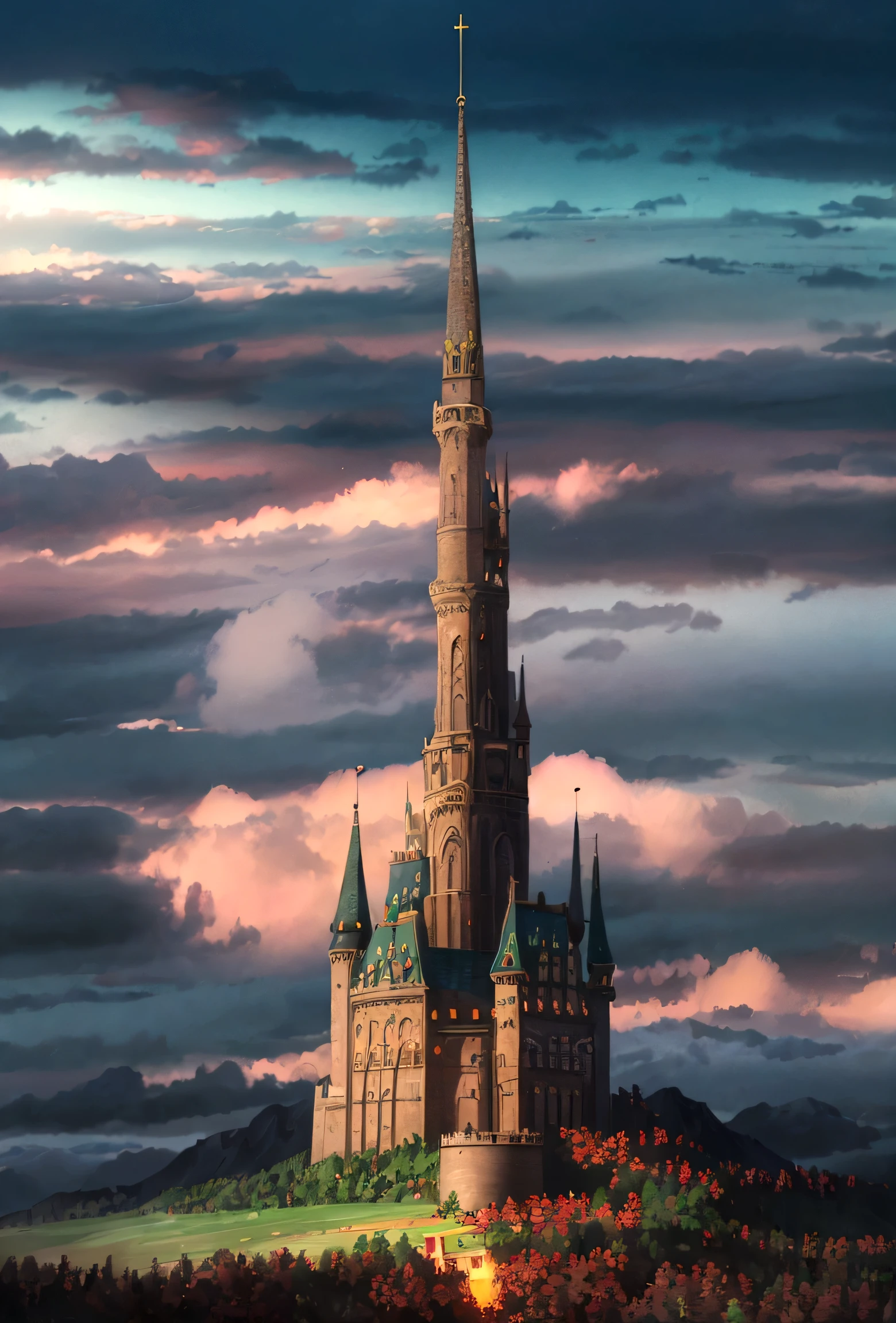 a detailed fantasy castle in the sky, glowing energy fields, sunlit clouds, dramatic lighting, swirly vibrant colors, film composition, (best qualityer,4K,8K,high resolution,work of art:1.2),ultra detali,(realisitic,photorealisitic,photo-realisitic:1.37),details Intricate,stunning vista,dramatic lighting,swirly vibrant colors,film composition,Fantasyart