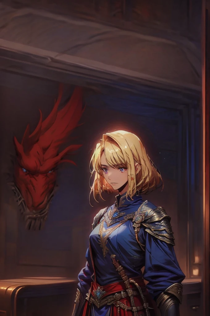 (masterpiece, best quality:1.2), solo, 1girl, cha hae-in, expressionless, looking at viewer, blonde short hair,  dark blue eyes, red armor, black collar, shoulder armor, long sleeves, gloves, gauntlets, pelvic curtain