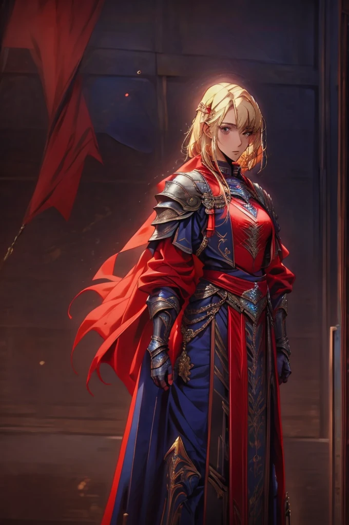 (masterpiece, best quality:1.2), solo, 1girl, cha hae-in, expressionless, looking at viewer, blonde short hair,  dark blue eyes, red armor, black collar, shoulder armor, long sleeves, gloves, gauntlets, pelvic curtain