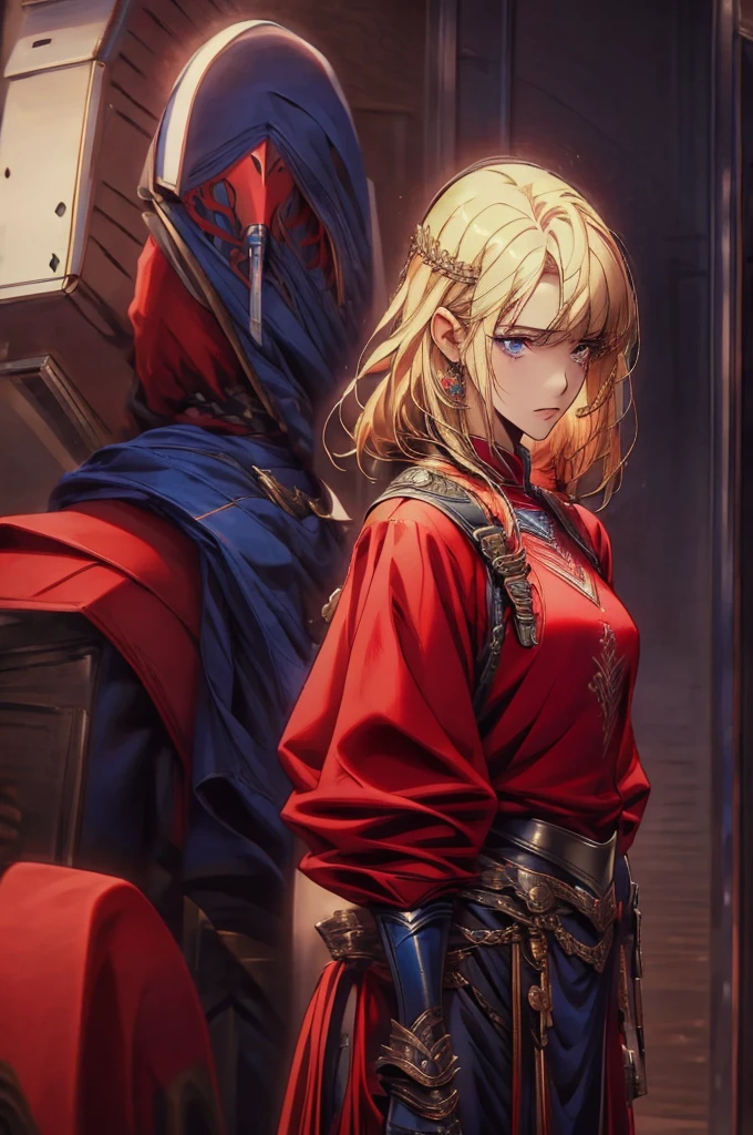 (masterpiece, best quality:1.2), solo, 1girl, cha hae-in, expressionless, looking at viewer, blonde short hair,  dark blue eyes, red armor, black collar, shoulder armor, long sleeves, gloves, gauntlets, pelvic curtain