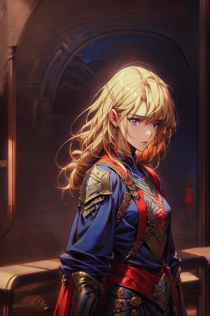 (masterpiece, best quality:1.2), solo, 1girl, cha hae-in, expressionless, looking at viewer, blonde short hair,  dark blue eyes, red armor, black collar, shoulder armor, long sleeves, gloves, gauntlets, pelvic curtain