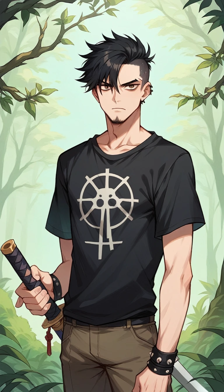 Generate an image of a guy dressed like a punk in the woods. The man had a thick black beard and black hair, decorated with a gold buckle. Its ears are large and pointed, similar to those of a fairy. He wore a serious expression and wore a black t-shirt. The person was wearing punk clothes, holding a long sword behind his back like a ninja. The background is a lush green forest with tall trees and dense foliage.
