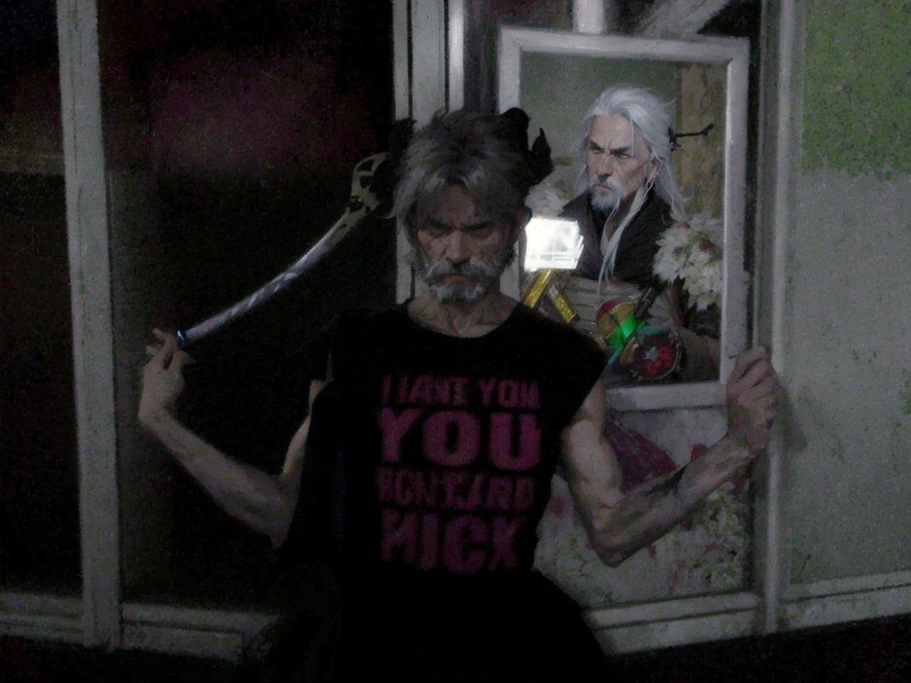 a legendary warrior old man with white hair and beard, wearing a blue kimono with black patterns and a white cloak, carrying a katana and a spear, with a hidden gun in his sleeve, (best quality,4k,8k,highres,masterpiece:1.2),ultra-detailed,(realistic,photorealistic,photo-realistic:1.37),intricate details, dramatic lighting, moody atmosphere, stormy sky, lightning, blood and corpses of soldiers, grass field, dark fantasy, epic scene