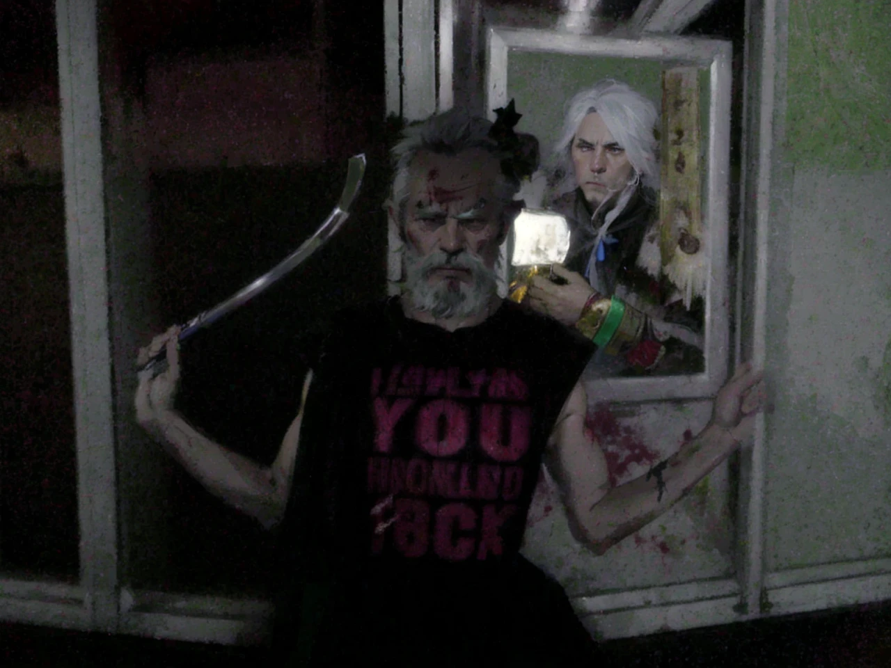 a legendary warrior old man with white hair and beard, wearing a blue kimono with black patterns and a white cloak, carrying a katana and a spear, with a hidden gun in his sleeve, (best quality,4k,8k,highres,masterpiece:1.2),ultra-detailed,(realistic,photorealistic,photo-realistic:1.37),intricate details, dramatic lighting, moody atmosphere, stormy sky, lightning, blood and corpses of soldiers, grass field, dark fantasy, epic scene