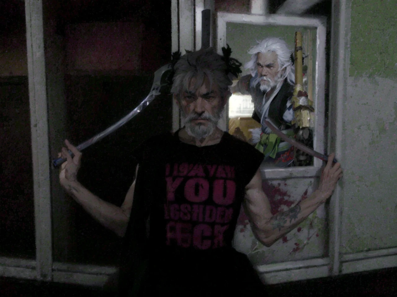 a legendary warrior old man with white hair and beard, wearing a blue kimono with black patterns and a white cloak, carrying a katana and a spear, with a hidden gun in his sleeve, (best quality,4k,8k,highres,masterpiece:1.2),ultra-detailed,(realistic,photorealistic,photo-realistic:1.37),intricate details, dramatic lighting, moody atmosphere, stormy sky, lightning, blood and corpses of soldiers, grass field, dark fantasy, epic scene