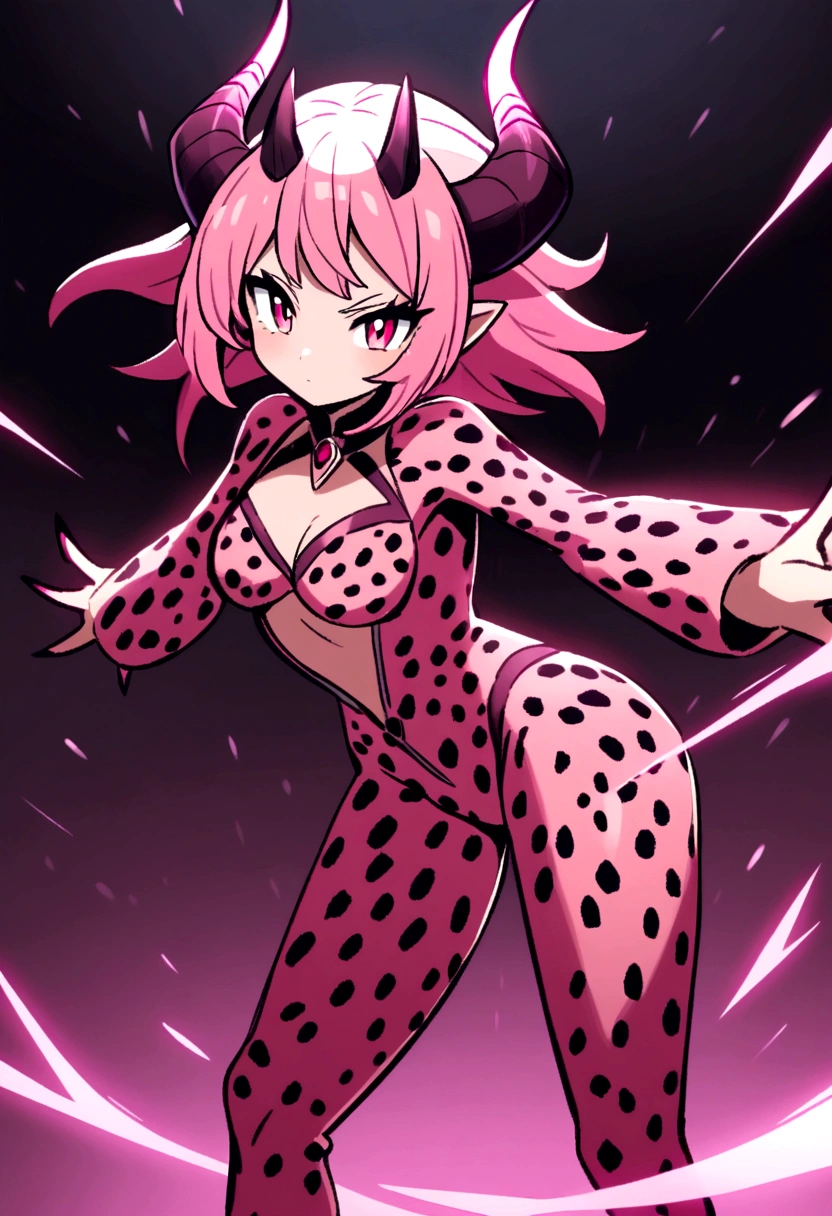 Anime-style drawing of a female character with spiky pink hair, horns, and pink skin, dressed in a skin-tight leopard print suit, fantasy art, high detail, dynamic lighting"