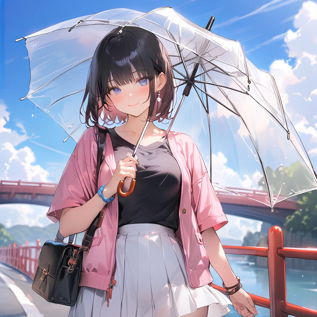 ,(Masterpiece:1.2, high quality), (pixiv:1.4),TIV,
1girl, transparent, umbrella, skirt, sky, solo, holding, black hair, outdoors, bag, cloud, looking at viewer, shirt, short hair, holding umbrella, white skirt, bangs, transparent umbrella, railing, jewelry, short sleeves, closed mouth, blue eyes, teruterubouzu, jacket, blue sky, blurry, black shirt, standing, cloudy sky, smile, collarbone, blush, depth of field, day, open clothes, bracelet, pink jacket, bridge, cowboy shot