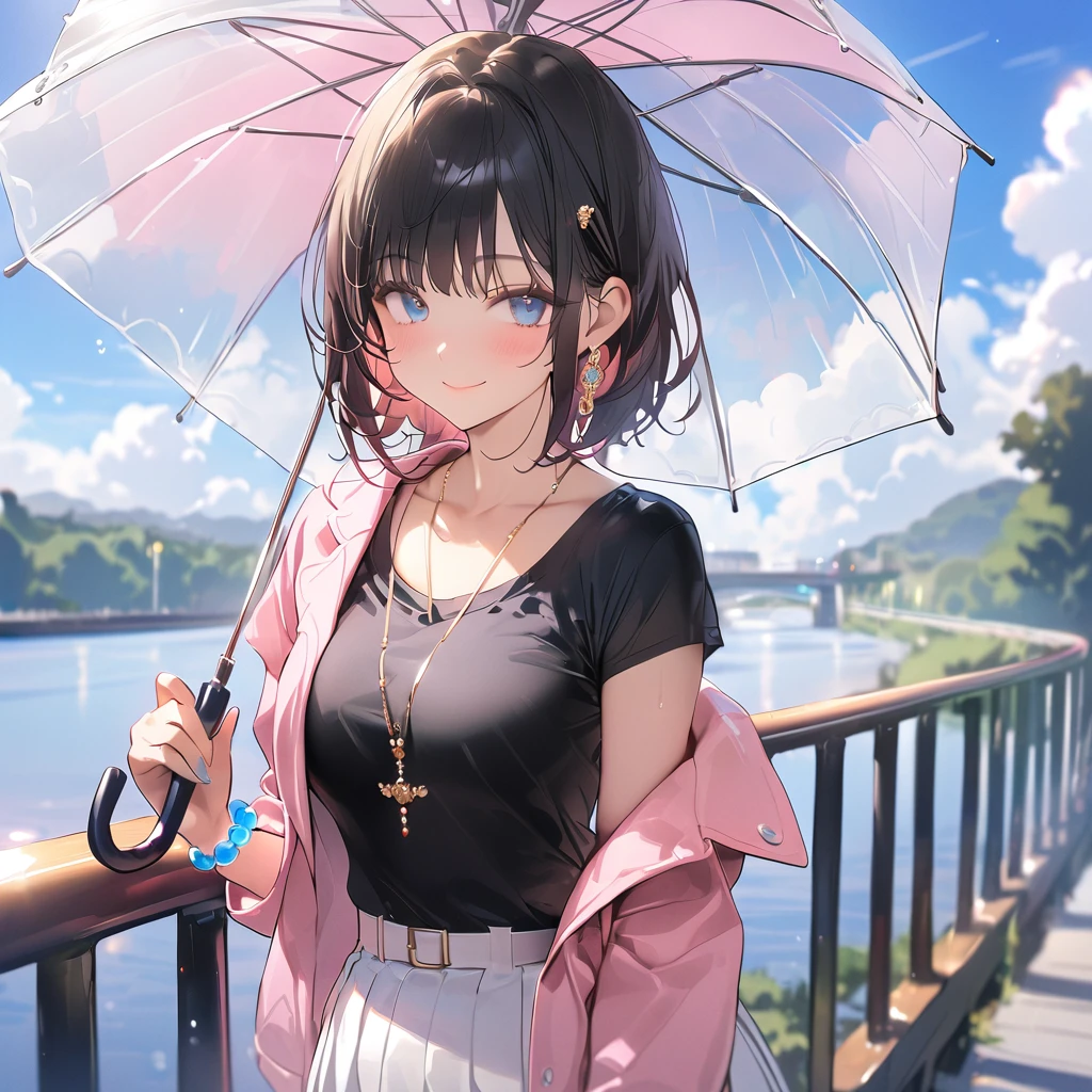 ,(Masterpiece:1.2, high quality), (pixiv:1.4),TIV,
1girl, transparent, umbrella, skirt, sky, solo, holding, black hair, outdoors, bag, cloud, looking at viewer, shirt, short hair, holding umbrella, white skirt, bangs, transparent umbrella, railing, jewelry, short sleeves, closed mouth, blue eyes, teruterubouzu, jacket, blue sky, blurry, black shirt, standing, cloudy sky, smile, collarbone, blush, depth of field, day, open clothes, bracelet, pink jacket, bridge, cowboy shot