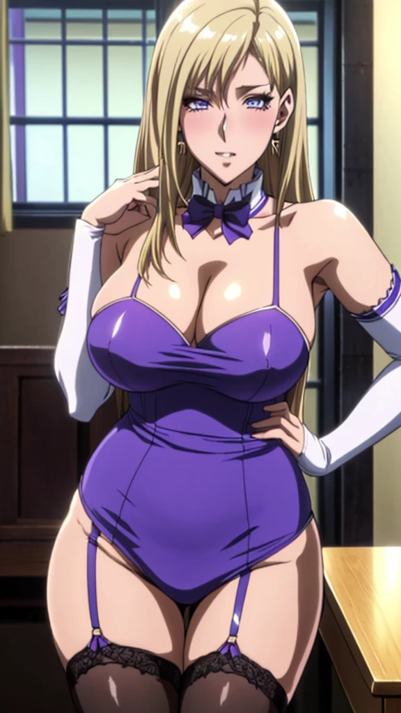 (Highest quality, Very detailed, Anime Images, Game CG, art CG, Realistic),OL,Black Pantyhose,Black knee high sock,Brown Skin, Big Breasts, Long Hair, Mature Woman, (Blonde), Perfect Eyes, Perfect Face, Earrings, (Purple garter belt: 1.1), Vulgar blush, nose, Watch Viewer, Sexy pose,In the office,Tabletop