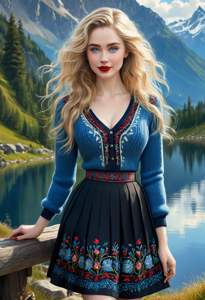 1girl, Large blond Hair With Messy Strands, Pale Skin, Red Lipstick, Dress Covered With Intricate Wood Cut Patterns. Round full face, full features. Wide toothy smile, Dynamic Pose. Detailed Eyes, wide eyes, Standing On A Rock Overlooking A Mountain Valley With A Gorgeous Alpine Lake. Wearing A Black Knee Length Pleated Skirt With Blue Embroidery And A Traditional Norwegian Sweater Of Many Colors With Intricate Detailed Rosemaling Designs. Masterpiece, Best Quality, Detailed. Official Art, Award Winning Digital Painting, Digital Illustration, Extreme Detail, 4k, Ultra HD, Rococo, Polished, Intricate, Realistic Fantasy Art, Sharp Focus, Concept Art, Art By Wlop, Artgerm, 2d Vector Illustration. Beautiful Cute Face, Beautiful Female Lips, Charming Beauty, Kind Expression On Her Face, Seductively Looking At The Camera, Skin Color: White, Detailed Beautiful Female Eyes, Big Detailed Blue Eyes, Ideal Female Body Shapes, Beautiful Waist, Big Thighs, Subtle And Beautiful, Depth Of Field, Highly Detailed, Realistic, Professional Photo Session, Light, Airy, Hourglass Figure. Stunning Combo Of Hedy Lamarr, Olivia Munn And Molly Quinn.