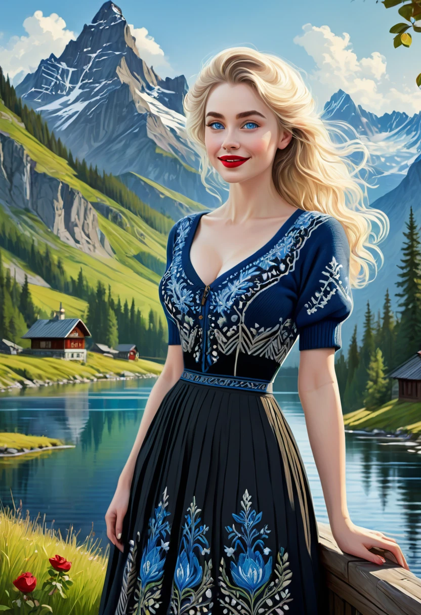 Blonde Woman, Messy Hair, Pale Skin, Red Lips, Overlooking Mountain Valley, Alpine Lake. Dress Wth Woodcut Patterns, Black Knee-Length Pleated Skirt Wth Blue Embroidery, Norwegian V Neck Sweater With Rosemaled Designs. Midriff Wide Smile, Eyes Detailed & Wide,Dynamic Pose. Digital Painting, 4K Ultra HD, Rococo-Inspired Fantasy Art With Intricate Details. Cute, Charming Expression, Alluring-Gaze, Beautiful Blue Eyes, An-Ideal-Hourglass-Figure. Nina Debrov. Large Youthful Well-Shaped Bosom, Large-Hiney. Large-Round-Bosom. Décolletage. Full Length Side Profile. Anna Popplewell
