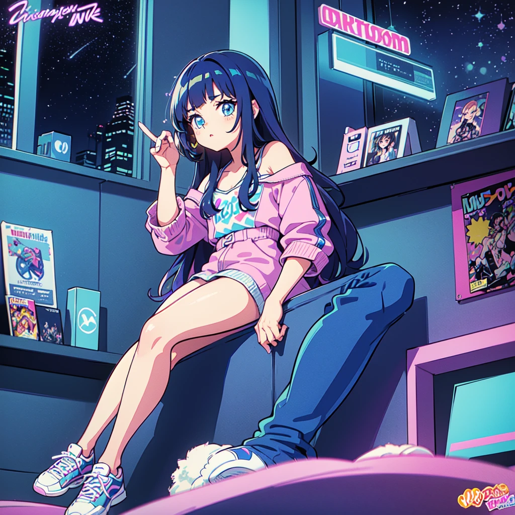 (masterpiece), Highest quality, Expressive eyes, Neon pastel aesthetics, Retro 90s, Neon color,((Girl sitting on sofa,In a cozy room,Records hanging on her wall, Comic books on the floor, Looking out the window behind her at the night city, Upholstered room, Anime figures lined up on a shelf)), Wearing headphones, (All around her it sparkles), (wearing thick colorful sneakers), (blue eyes), (Soft look), (Synthwave Art Style), Colorful Hair, Desk with PC set up