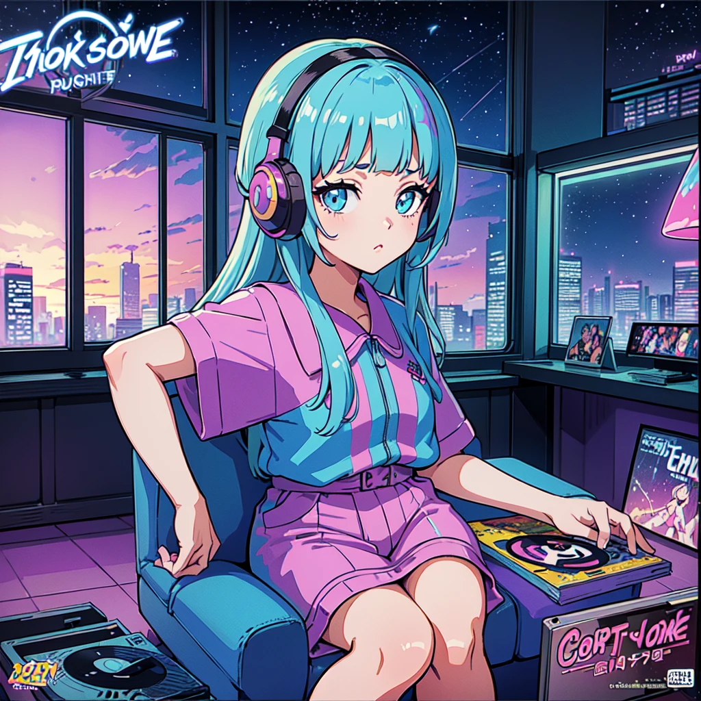 (masterpiece), Highest quality, Expressive eyes, Neon pastel aesthetics, Retro 90s, Neon color,((Girl sitting on sofa,In a cozy room,Records hanging on her wall, Comic books on the floor, Looking out the window behind her at the night city, Upholstered room, Anime figures lined up on a shelf)), Wearing headphones, (All around her it sparkles), (wearing thick colorful sneakers), (blue eyes), (Soft look), (Synthwave Art Style), Colorful Hair, Desk with PC set up