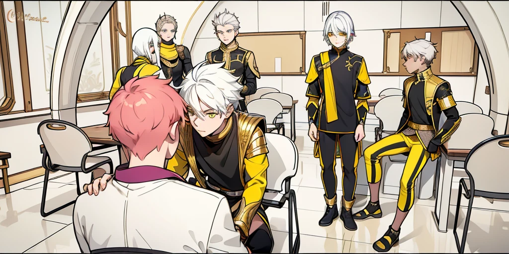 There is a boy sitting with his back turned and several young people in front of him talk to him kindly., They have white hair and yellow eyes, black tunics, black golden armor with yellow golden jewelry., they have yellow eyes