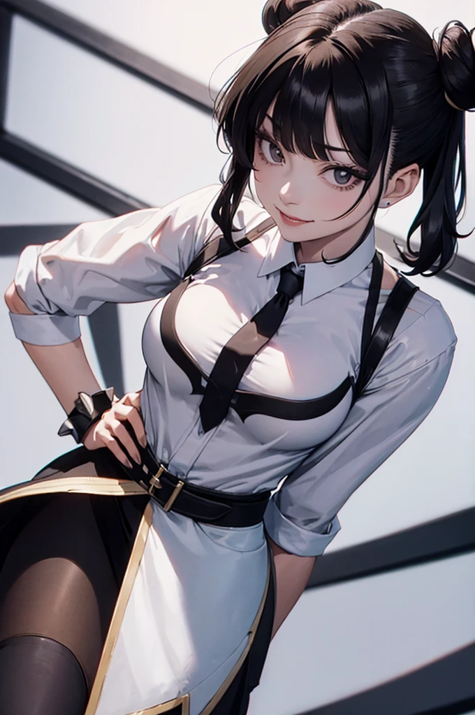 juri han, work of art, tight white secretary shirt with black tie, black high waist skirt, short skirt,stocking, black hair, black tights,evil smile,office,franja nos olhos,iluminação,chifre de cabelos,visão de cima,olhando para cima