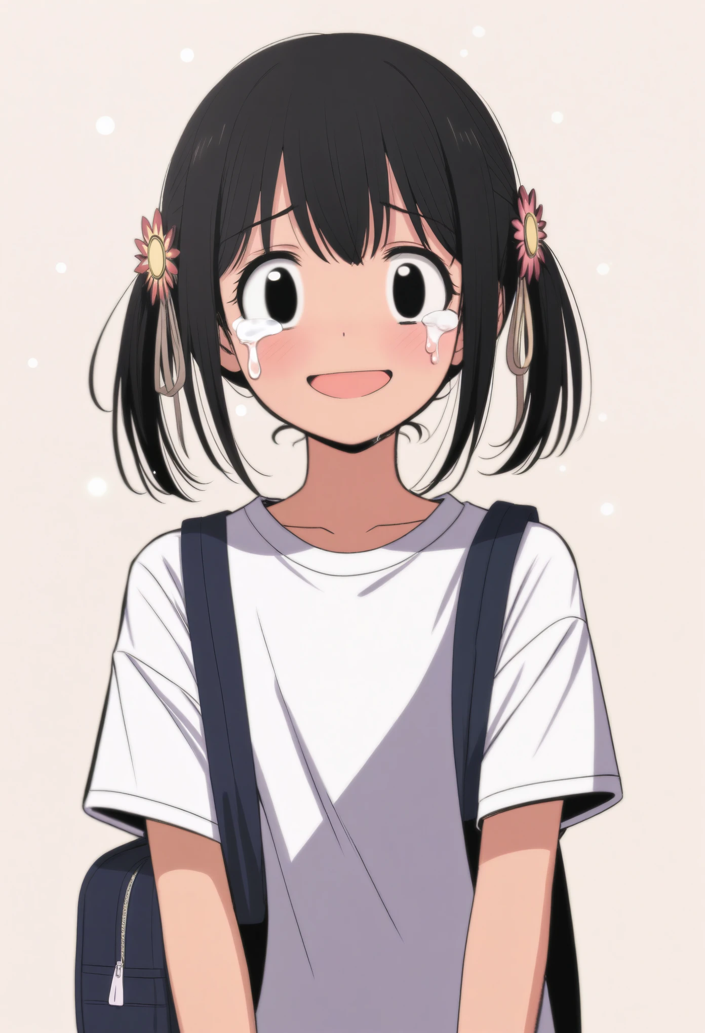 masterpiece, best quality, 1girl, yui_\(princess_connect!)\, mamerakkkkko, manga style, japanese, chi no wadachi, black eyes, street, iced, black hair, schoolbag, smile, lineart, white background, white shirt, grey shorts, centered, 18 years old, tall, fair skinned, bokeh background, crying, tears, straight-on, tears streaming