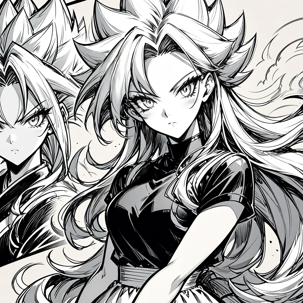 a drawing of a woman with long hair and a black top, black and white manga style, extremely detailed artgerm, Android 21 , style artgerm, detailed anime character art, detailed manga style, saiyan girl, clean detailed anime style, anime style illustration, in the style artgerm, striking manga artstyle