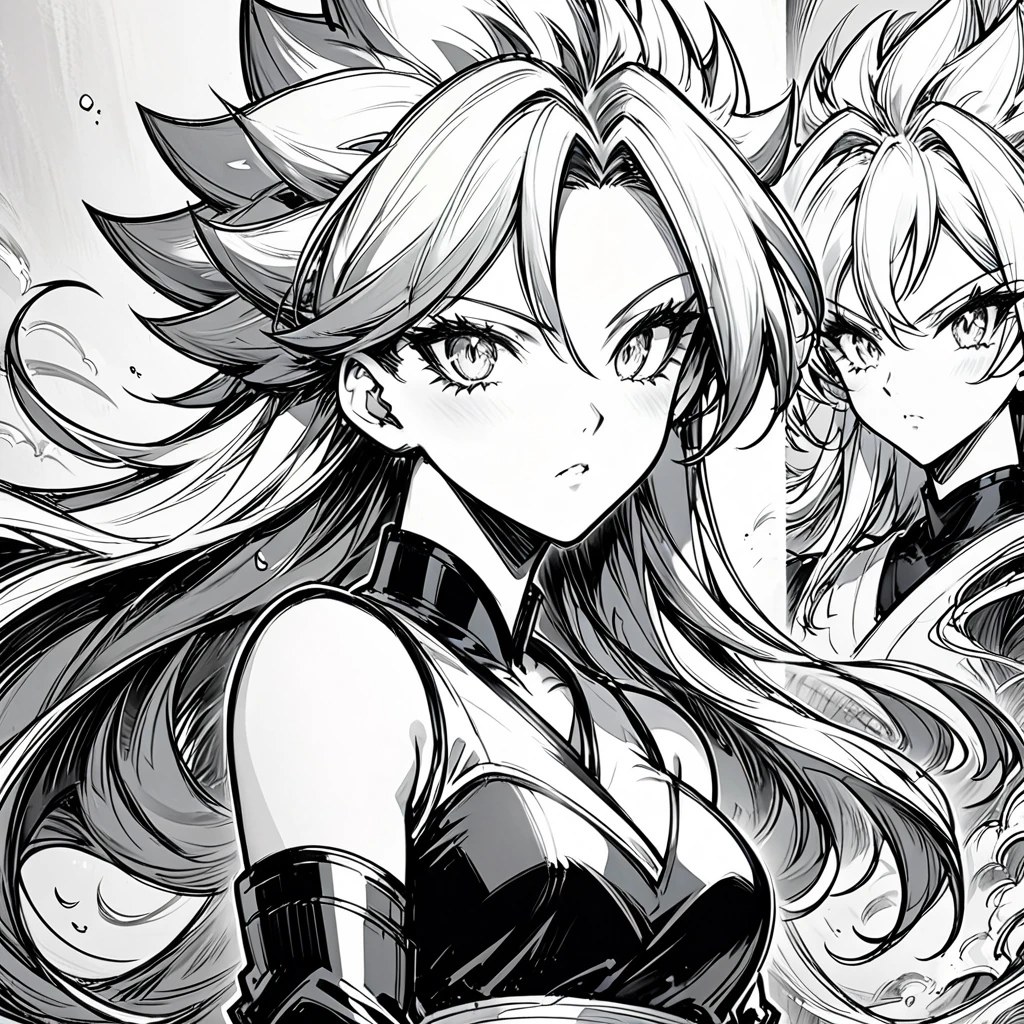 a drawing of a woman with long hair and a black top, black and white manga style, extremely detailed artgerm, Android 21 , style artgerm, detailed anime character art, detailed manga style, saiyan girl, clean detailed anime style, anime style illustration, in the style artgerm, striking manga artstyle