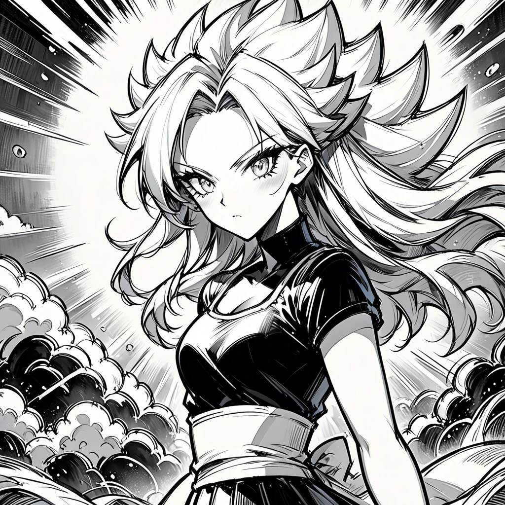 a drawing of a woman with long hair and a black top, black and white manga style, extremely detailed artgerm, Android 21 , style artgerm, detailed anime character art, detailed manga style, saiyan girl, clean detailed anime style, anime style illustration, in the style artgerm, striking manga artstyle