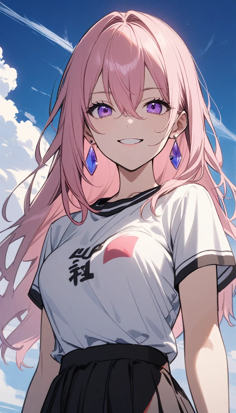 32k, 1 Girl, Solitary, Long hair, breast, Looking at the audience, Smile, Bangs, skirt, Hair between the eyes, Jewelry, medium breast, Shut up, Purple Eyes, Upper Body, Pink Hair, Short sleeve, earrings, outdoor, sky空, sky, cloud, black skirt, blue sky空,超大breast，